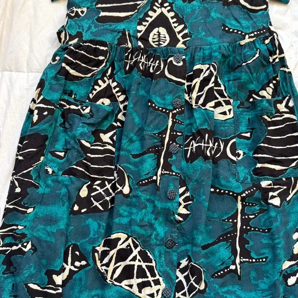 Vintage 80s abstract print flowy dress sz L pockets Lagenlook artsy boho fairy - Picture 6 of 8